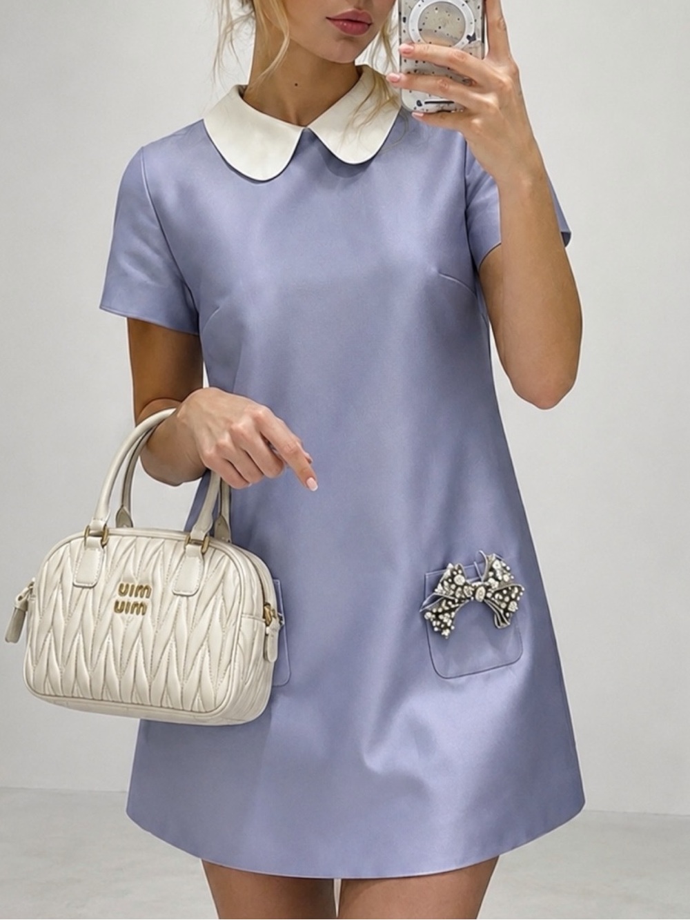 Crystal Bow Mini Dress Peter Pan Collar Dress NWT blue Wisteria mui mui vibe - Picture 5 of 5